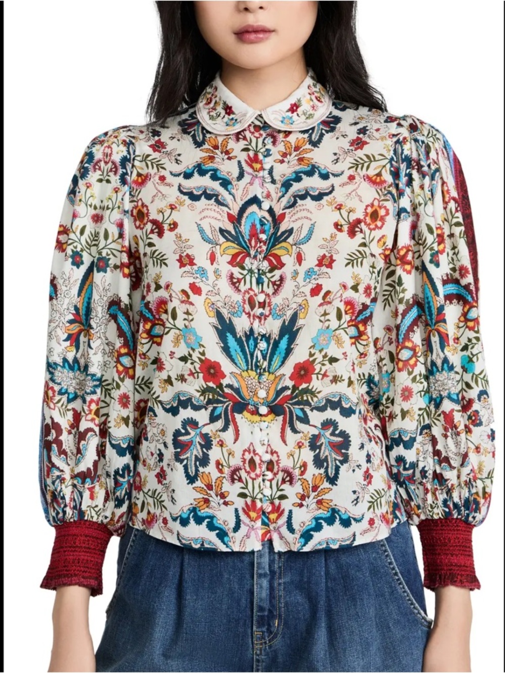 Alice + Olivia April Embroidered Floral Print Puff Sleeve Blouse